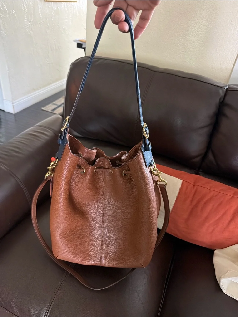 Coach Brown Pebbled Leather Drawstring Hobo with Black Strap